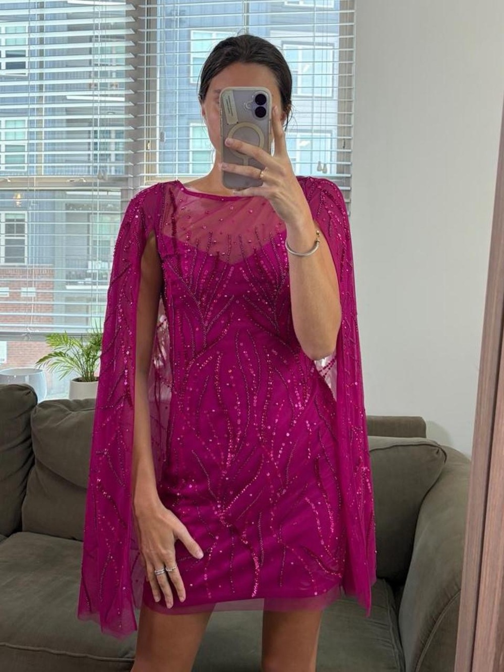 Adrianna Papell pink beaded cape cocktail mini dress